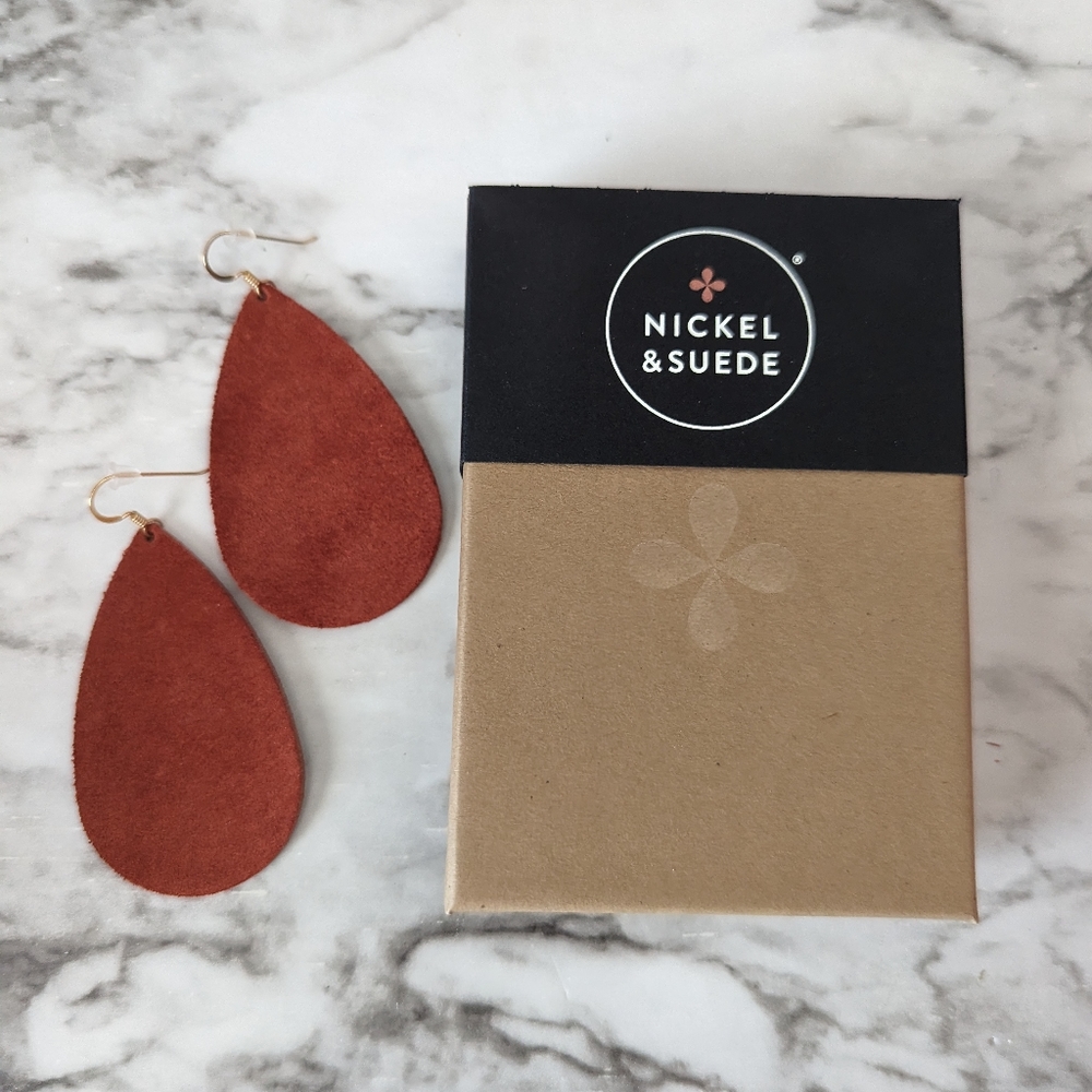 EUC Nickel and Suede Rust Suede Teardrop Earrings